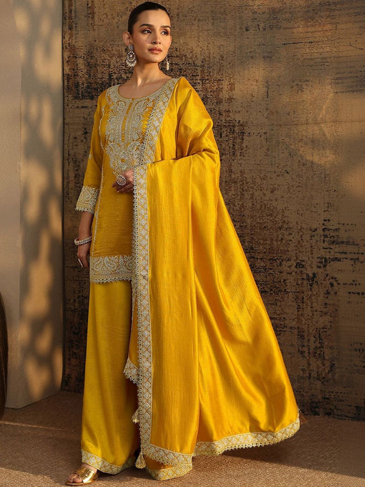 Dhiyona LL Women Ethnic Motifs Embroidered Regular Thread Work Kurta with Palazzos & With Dupatta