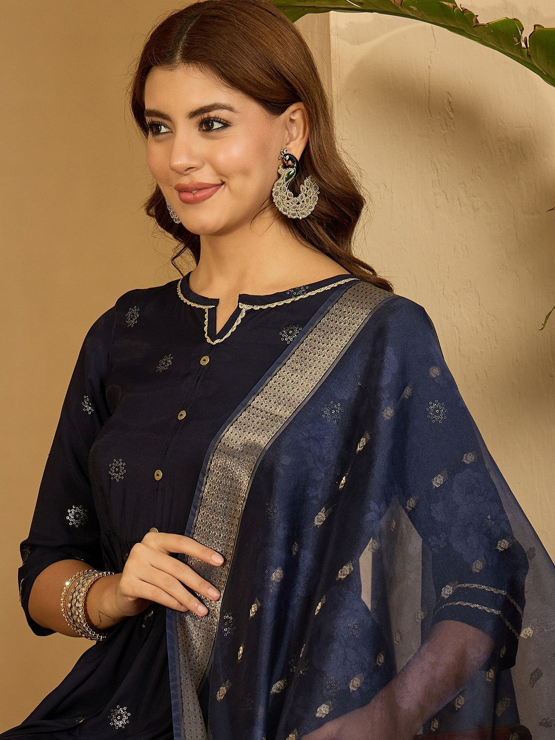 Women Navy Blue Printed Kurta Sets With Dupatta