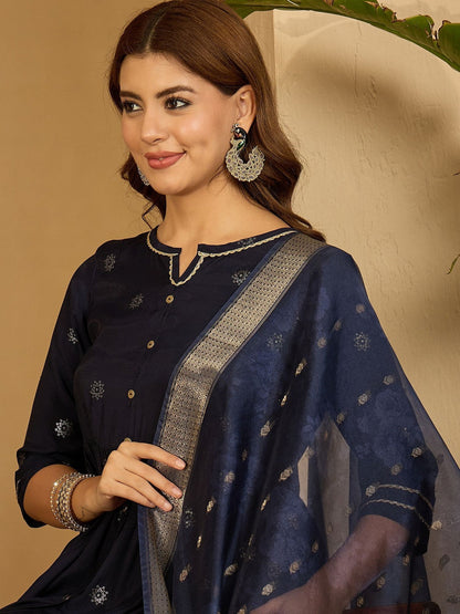 Women Navy Blue Printed Kurta Sets With Dupatta
