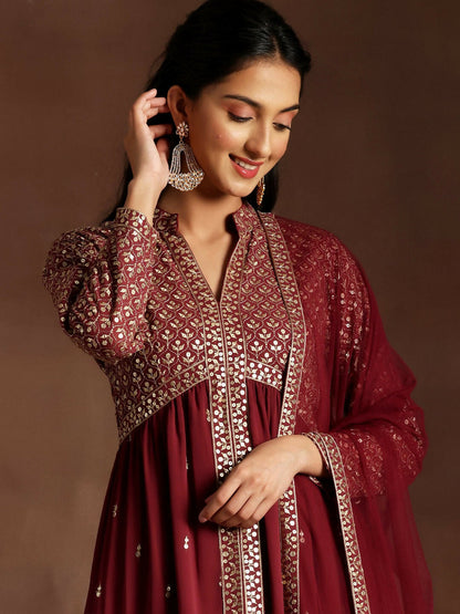 Women's LB Chandni Mauve Embroidered Georgette A-Line Kurta With Trousers & Dupatta