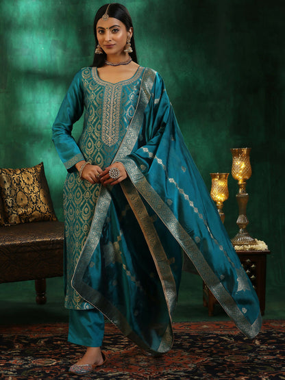 Women's LB Rama Green Woven Design Silk Blend Straight Suit With Dupatta