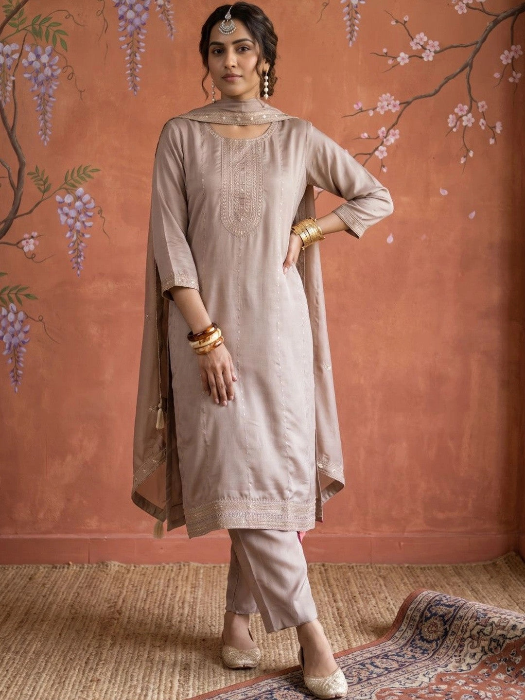 Dhiyona SN Women Ethnic Motifs Embroidered Regular Sequinned Kurta with Trousers & With Dupatta