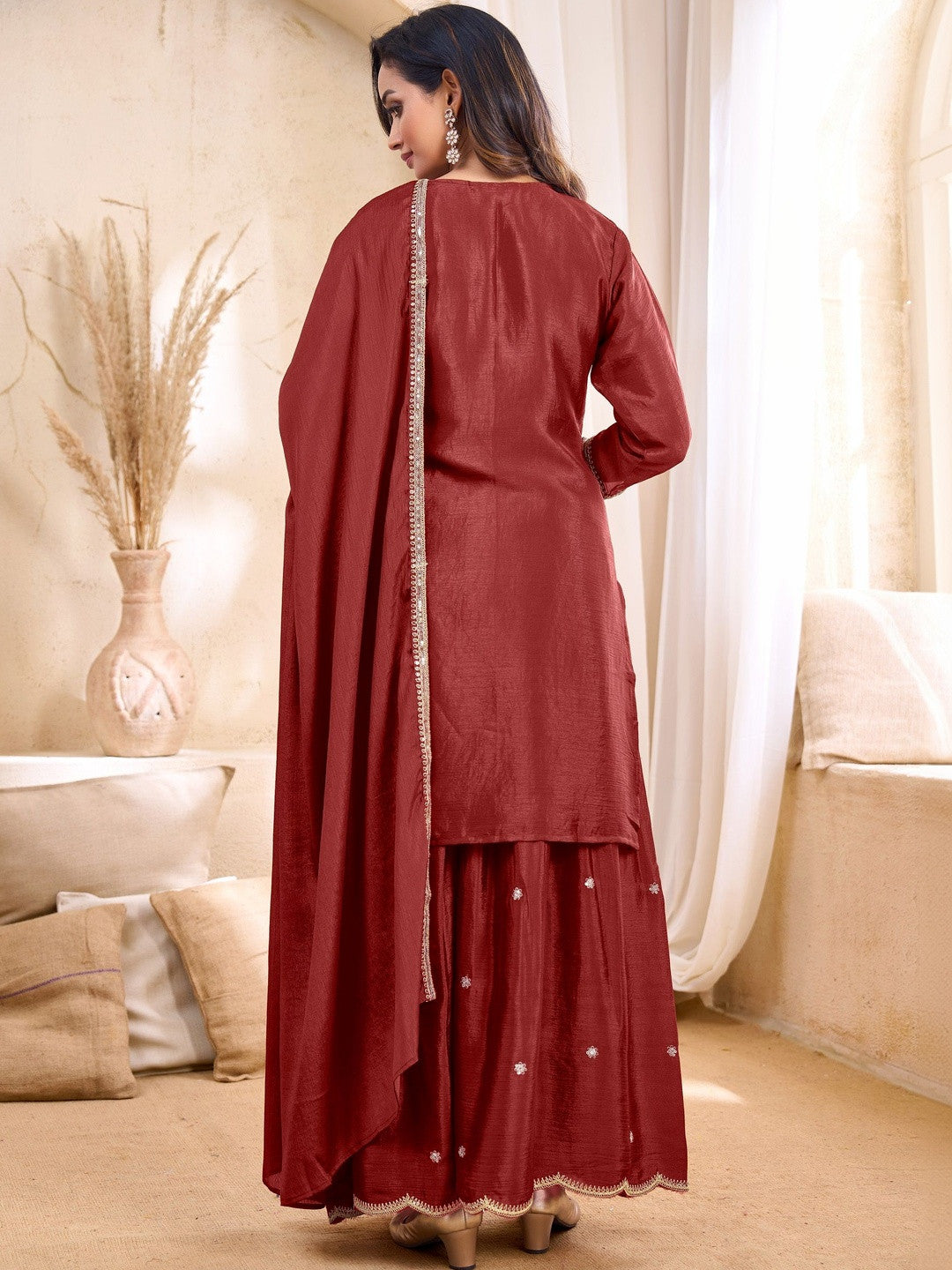 Embroidered Round Neck Kurta & Palazzos With Dupatta