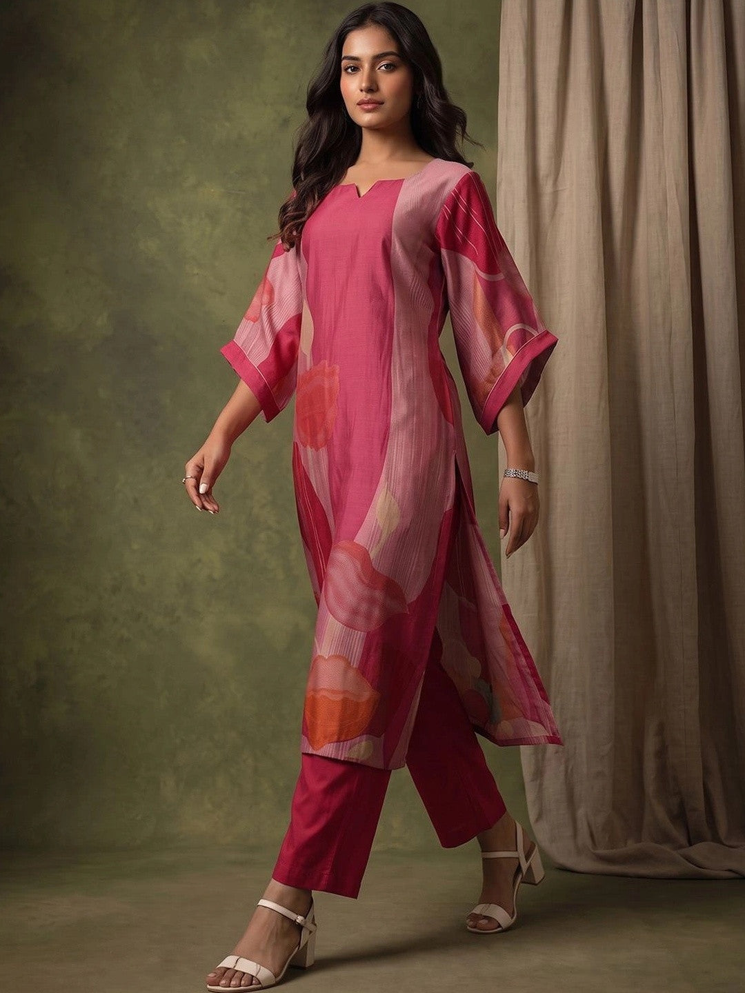 Women Printed Regular Chanderi Silk Kurta with Trousers