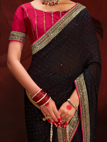 Women's Vichitra Silk Black Embellished Designer Saree With Blouse Piece