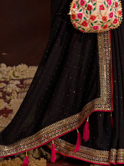 Women's Vichitra Silk Black Embellished Designer Saree With Blouse Piece