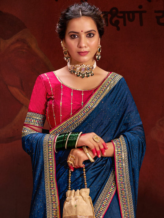 Women's Vichitra Silk Navy Blue Embellished Designer Saree With Blouse Piece
