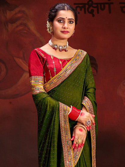 Women's Vichitra Silk Purple Embellished Designer Saree With Blouse Piece