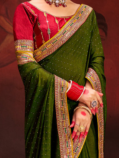 Women's Vichitra Silk Purple Embellished Designer Saree With Blouse Piece