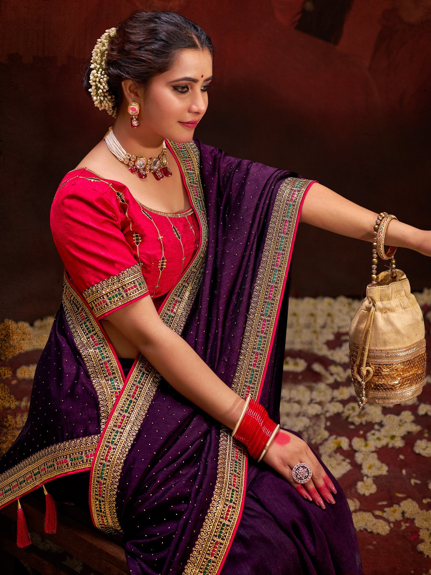 Women's Vichitra Silk Mauve Embellished Designer Saree With Blouse Piece