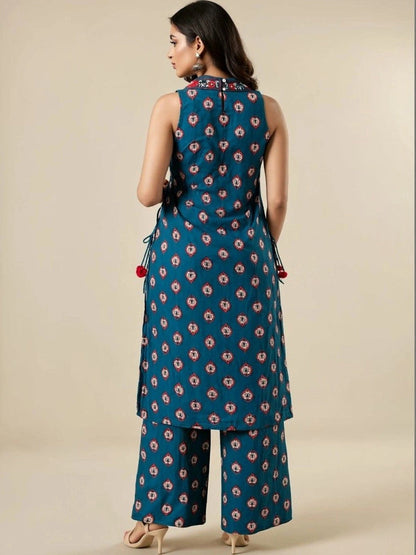 Women Ethnic Motifs Printed Regular Thread Work Pure Cotton Kurta with Palazzos