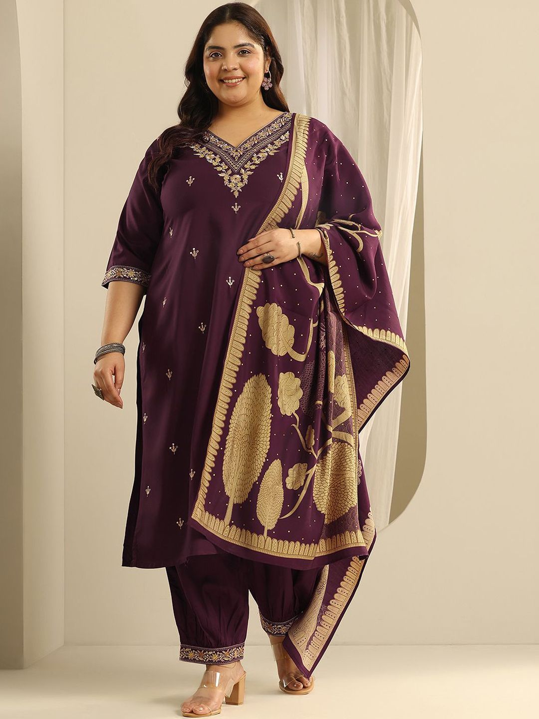 Dhiyona Women's Plus Size Ethnic Motifs Embroidered Kurta with Salwar & Dupatta