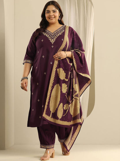 Dhiyona Women's Plus Size Ethnic Motifs Embroidered Kurta with Salwar & Dupatta