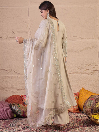 Dhiyona IN Women Floral Self Design Regular Sequinned Kurta with Palazzos & Dupatta