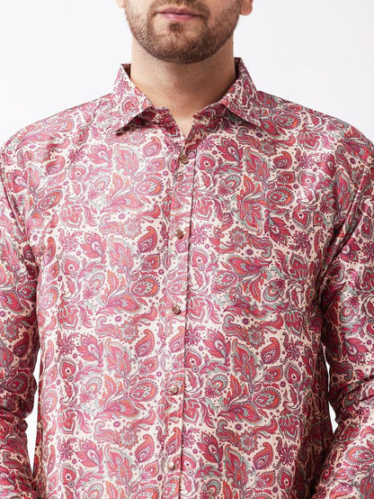 Men's MulticolorBasePink Silk Blend Straight Ethnic Shirt