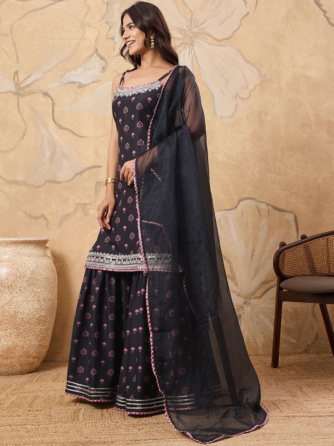 Dhiyona HOP Printed With Embroidered Sleeveless Kurta With Sharara & Dupatta