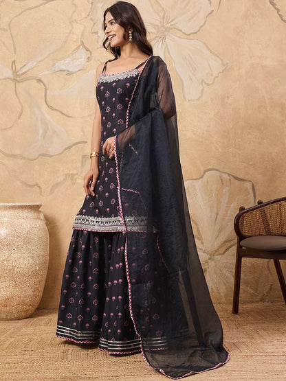 Dhiyona HOP Printed With Embroidered Sleeveless Kurta With Sharara & Dupatta