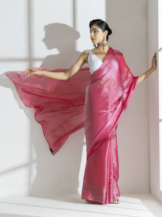 Dhiyona ST Pink Lotus Satin Organza Saree with Diamond Beads on Pallu