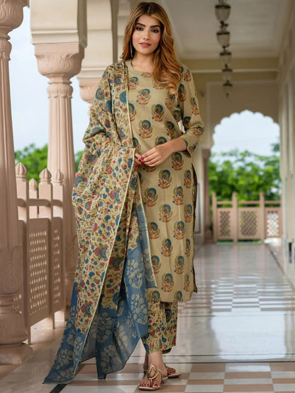 Dhiyona KL Floral Printed Round Neck Pure Cotton Straight Kurta With Trousers & Dupatta