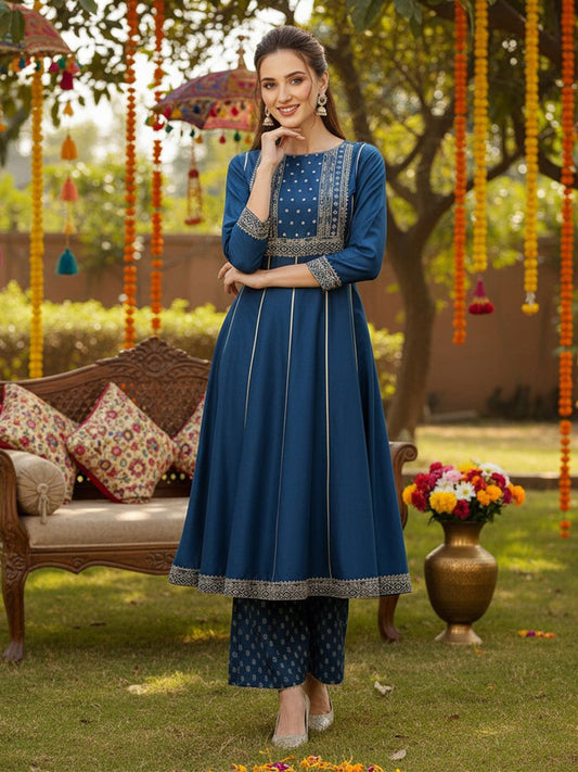 Dhiyona KL Floral Embroidered Sequinned Anarkali Kurta with Palazzos & Dupatta