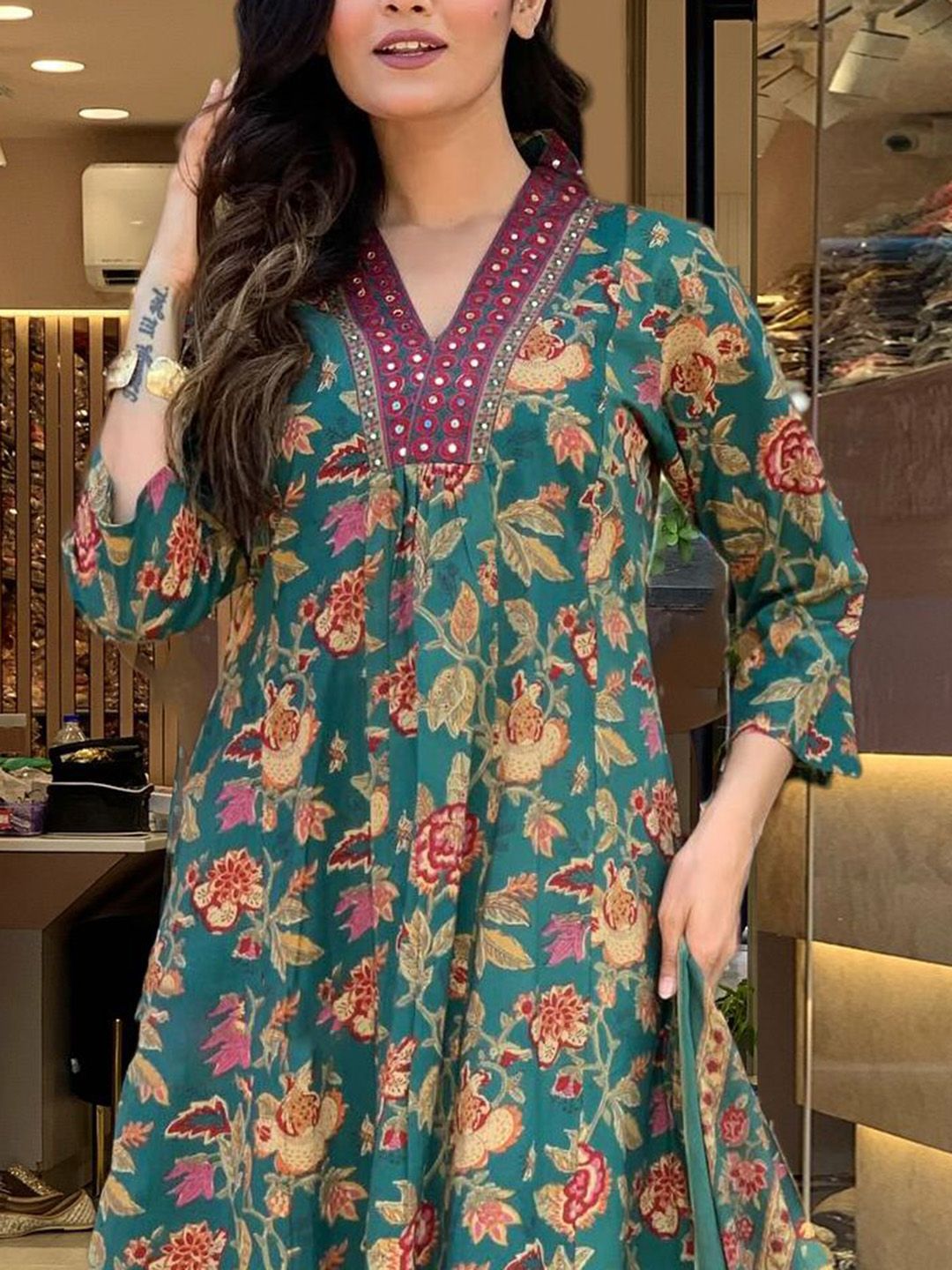 Dhiyona KL Floral Printed V-Neck A-Line Kurta With Palazzos & Dupatta