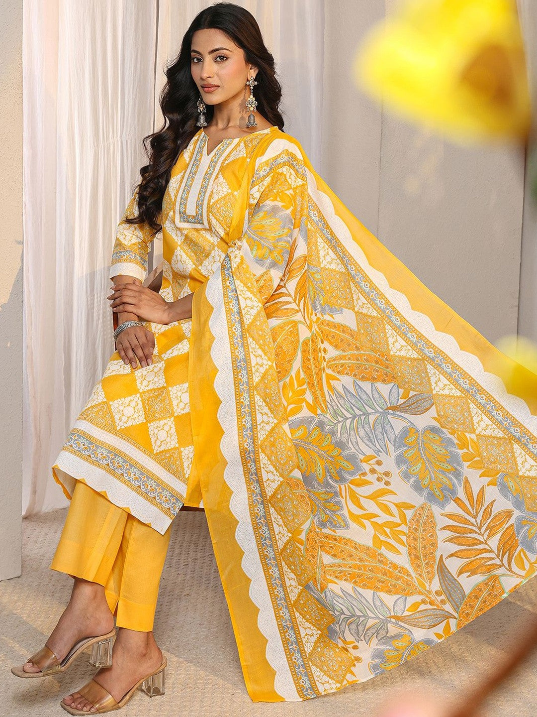 Libas Yellow Geometric Printed Straight Suit Set with Dupatta
