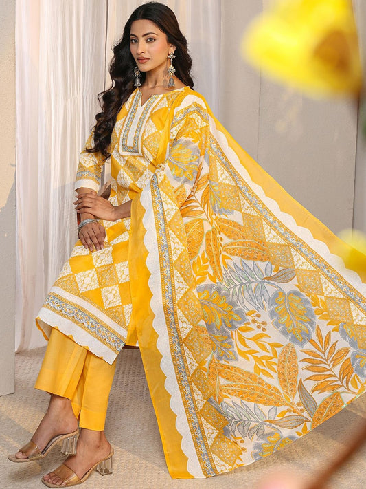 Libas Yellow Geometric Printed Straight Suit Set with Dupatta