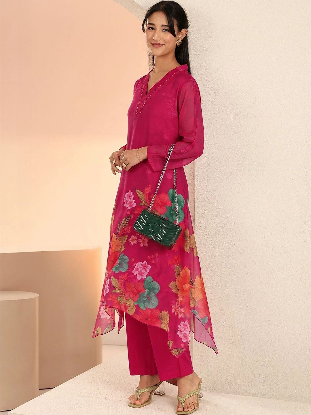 Fuchsia Pink Floral Printed Chiffon High Low Kurta Set