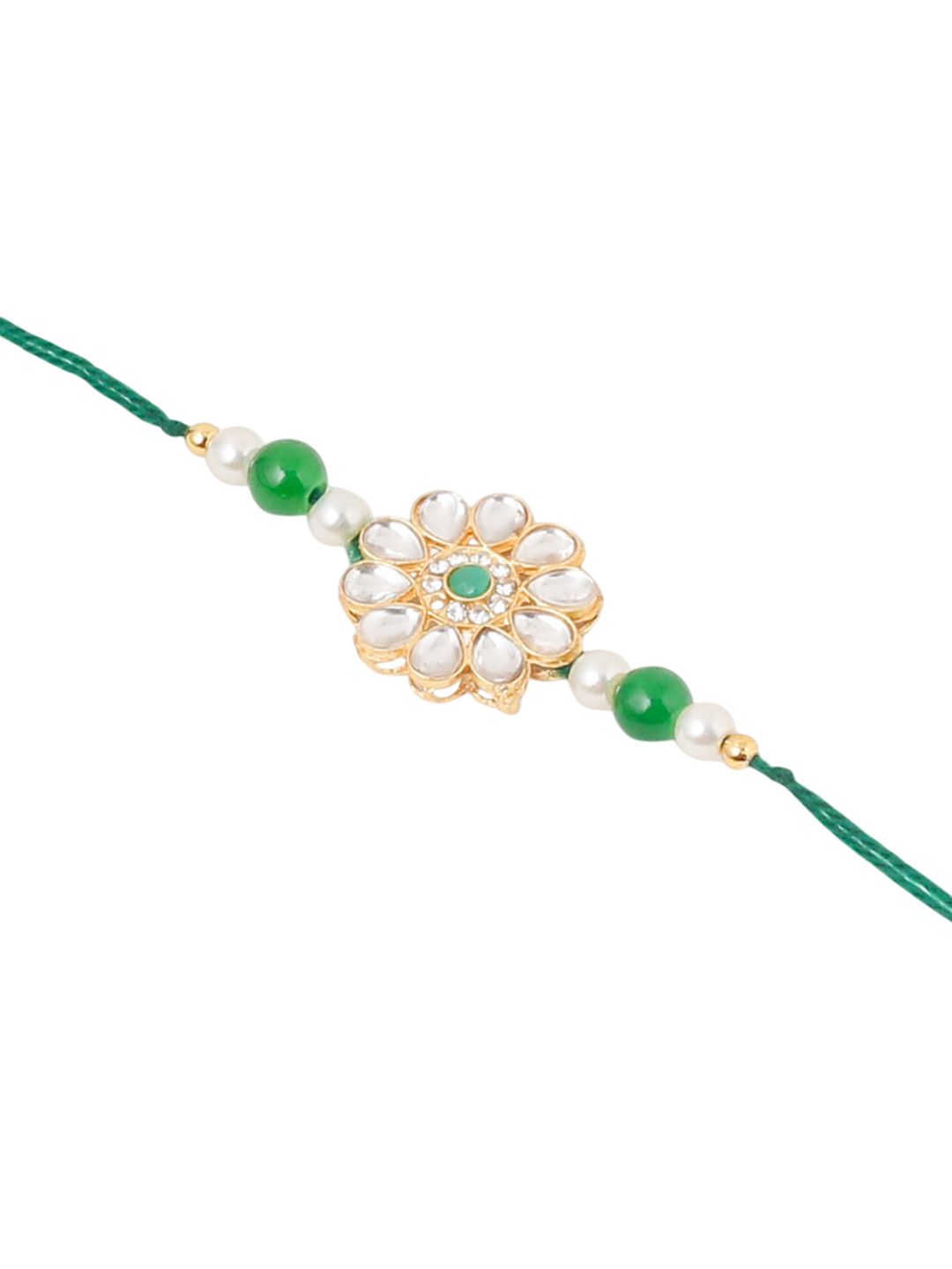 Dhiyona Set Of 2 Kundan Floral Design Gold Toned Bhaiya Bhabhi Rakhi Set With Roli Chawal