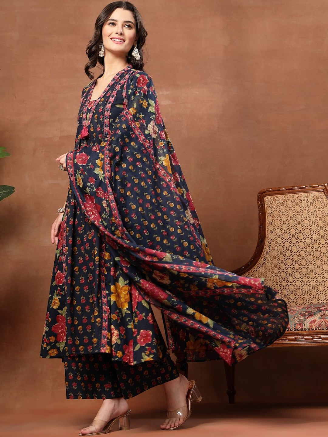 Printed Pure Cotton V-Neck Kurta & Palazzos Kurta Set