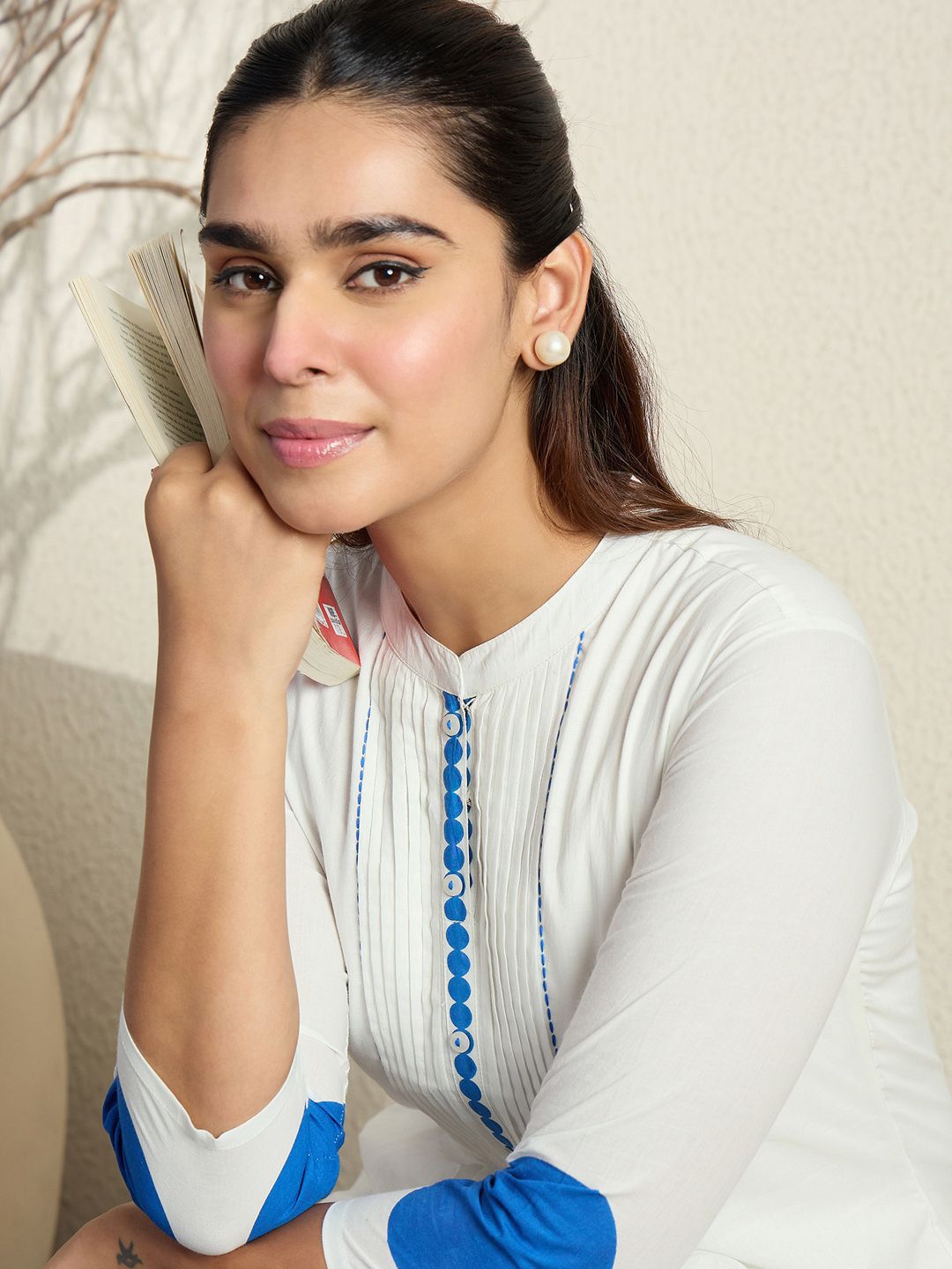 Printed Pleated Thread Work Pure Cotton Kurta With Trousers