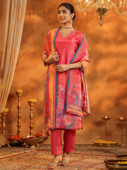 Dhiyona RR Women's Ethnic Motifs Printed Straight Sequinned Kurta with Trousers & With Dupatta