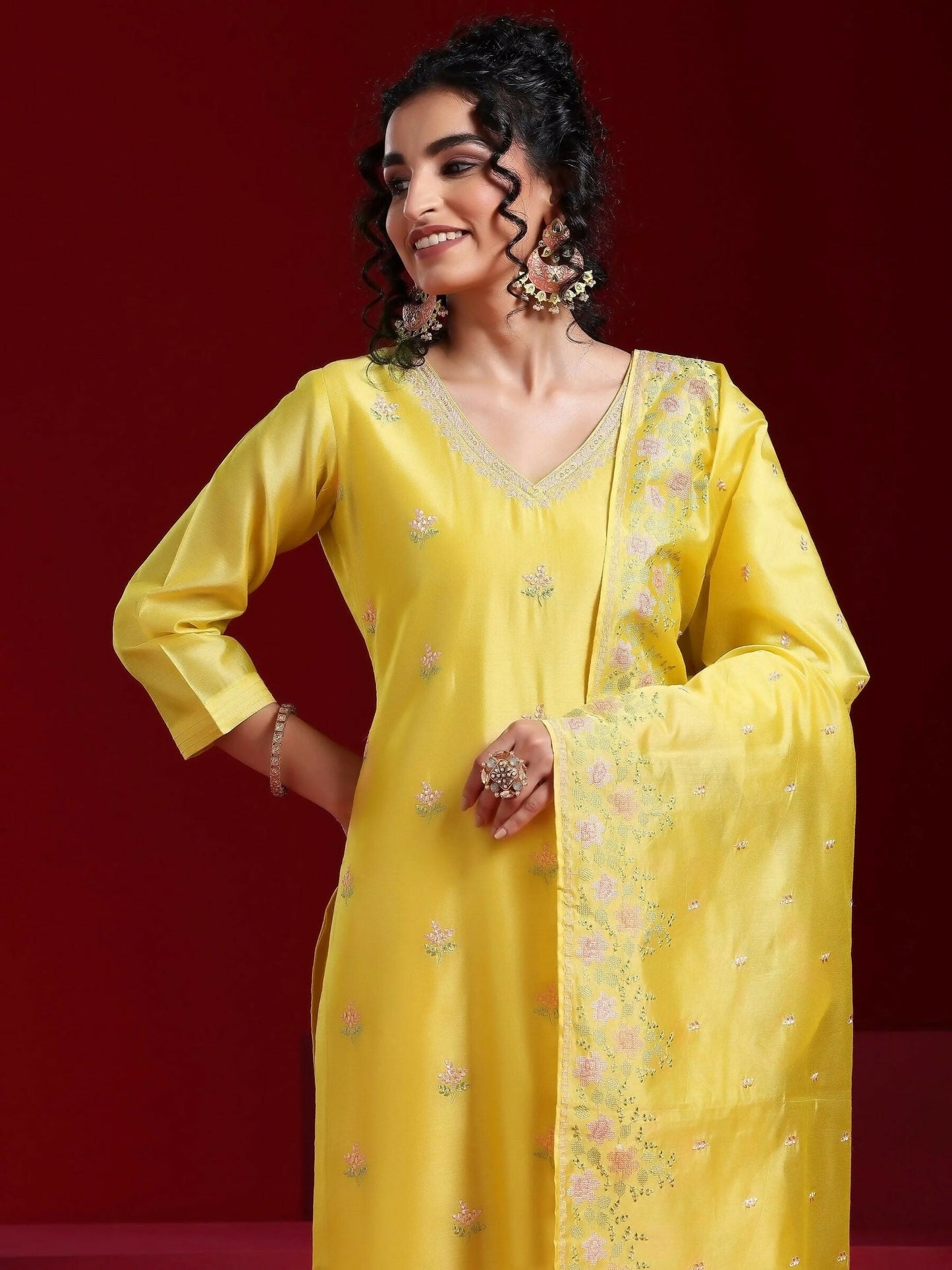 Women's LB Art Yellow Embroidered Chanderi Silk Straight Suit With Dupatta