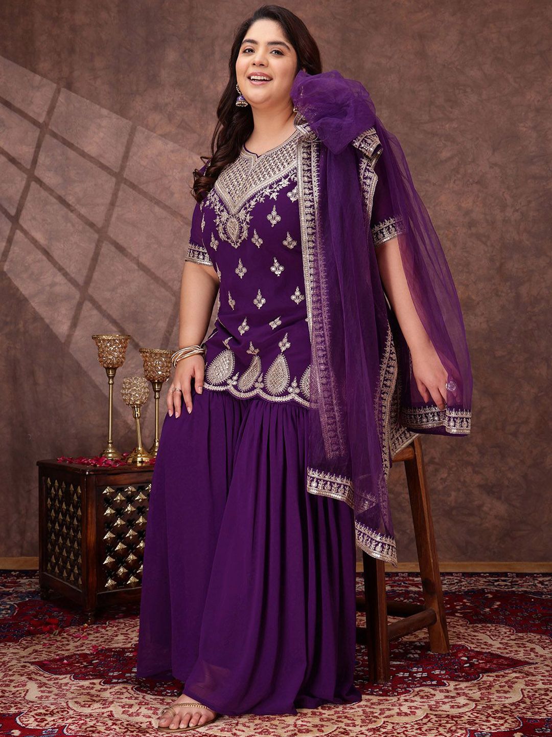 Dhiyona IN Women Plus Size Ethnic Motifs Sequinned Kurta with Sharara & Dupatta