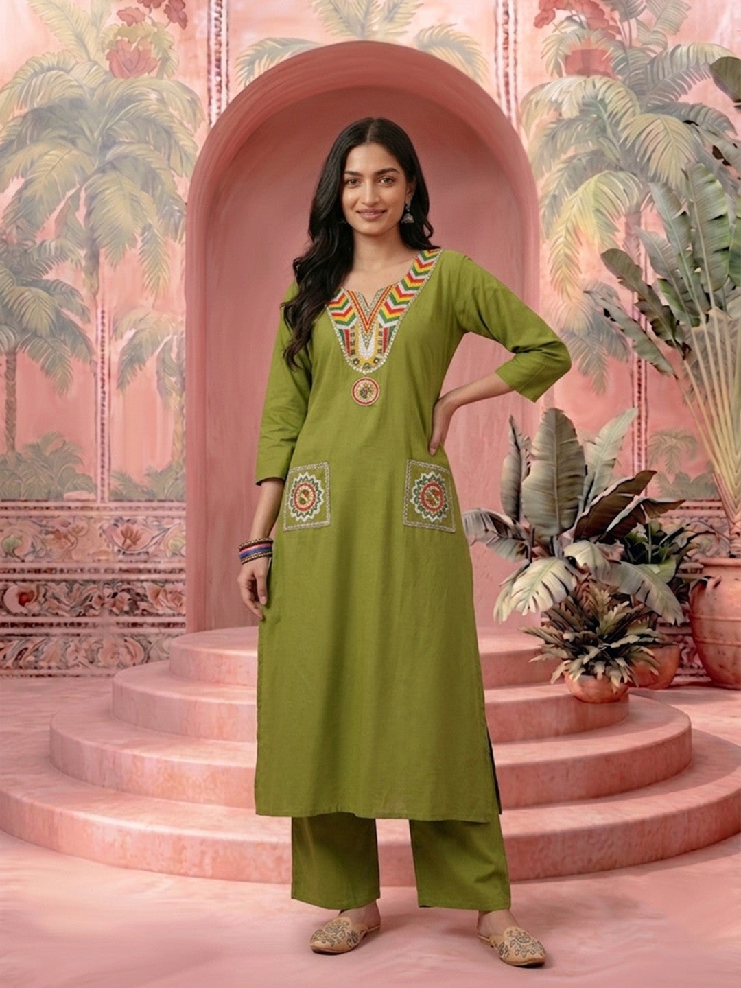 Dhiyona SN Embroidered Cotton Round Neck Kurta & Trousers