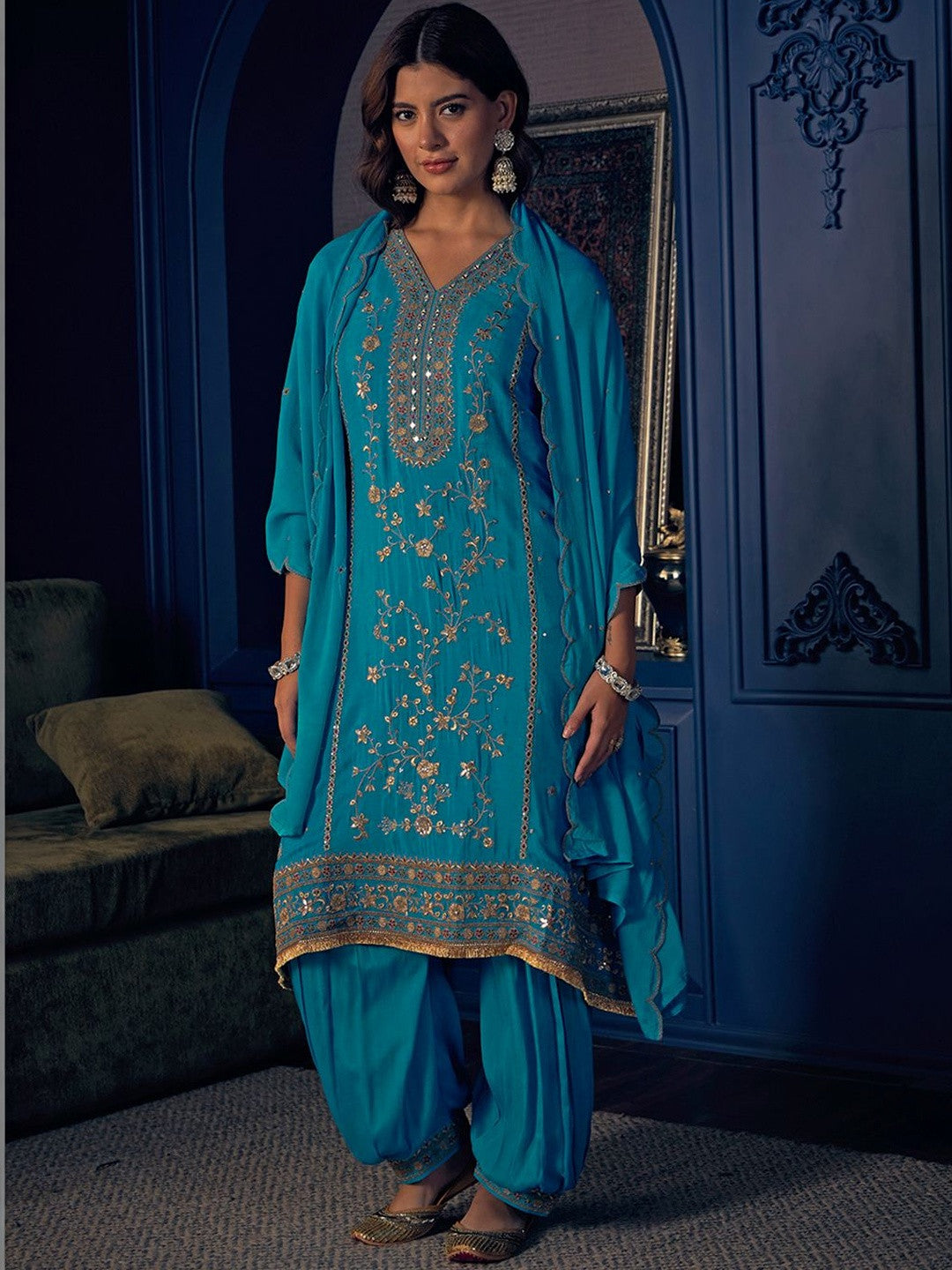 Embroidered V-Neck Kurta & Salwar With Dupatta