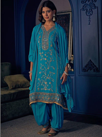 Embroidered V-Neck Kurta & Salwar With Dupatta