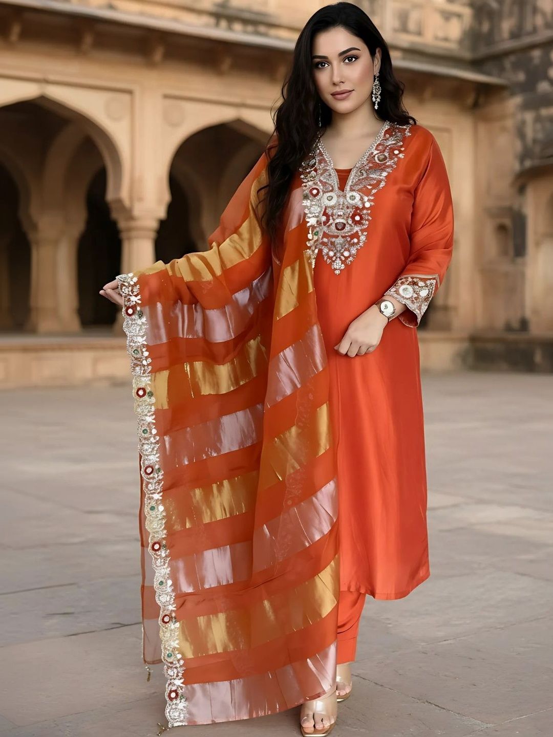 Dhiyona KL Women Ethnic Motifs Embroidered Regular Thread Work Kurta with Trousers & With Dupatta