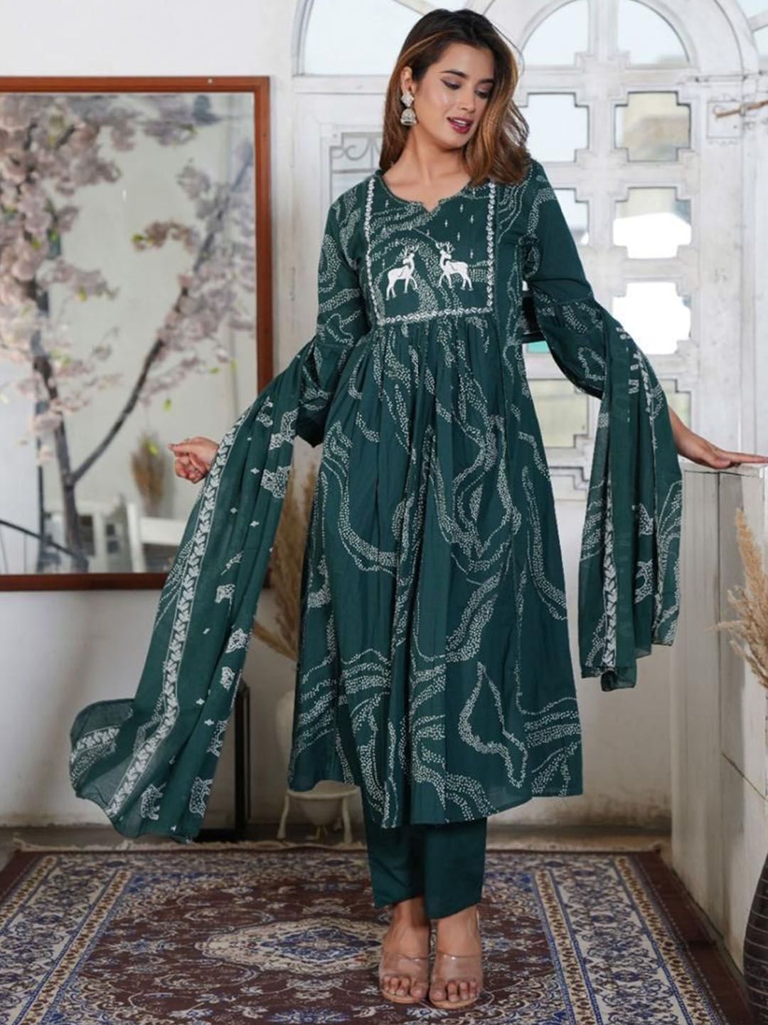 Dhiyona KL Women Printed Regular Pure Cotton Kurta with Trousers & With Dupatta