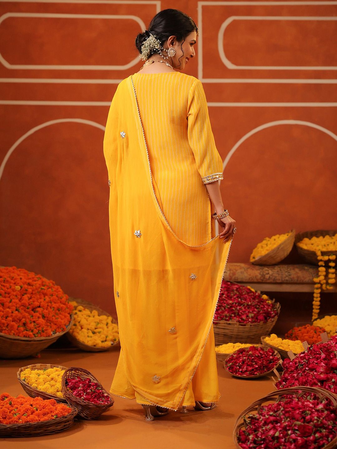 Dhiyona SC Women Bandhani Printed Gotta Patti Straight Kurta with Sharara & Dupatta