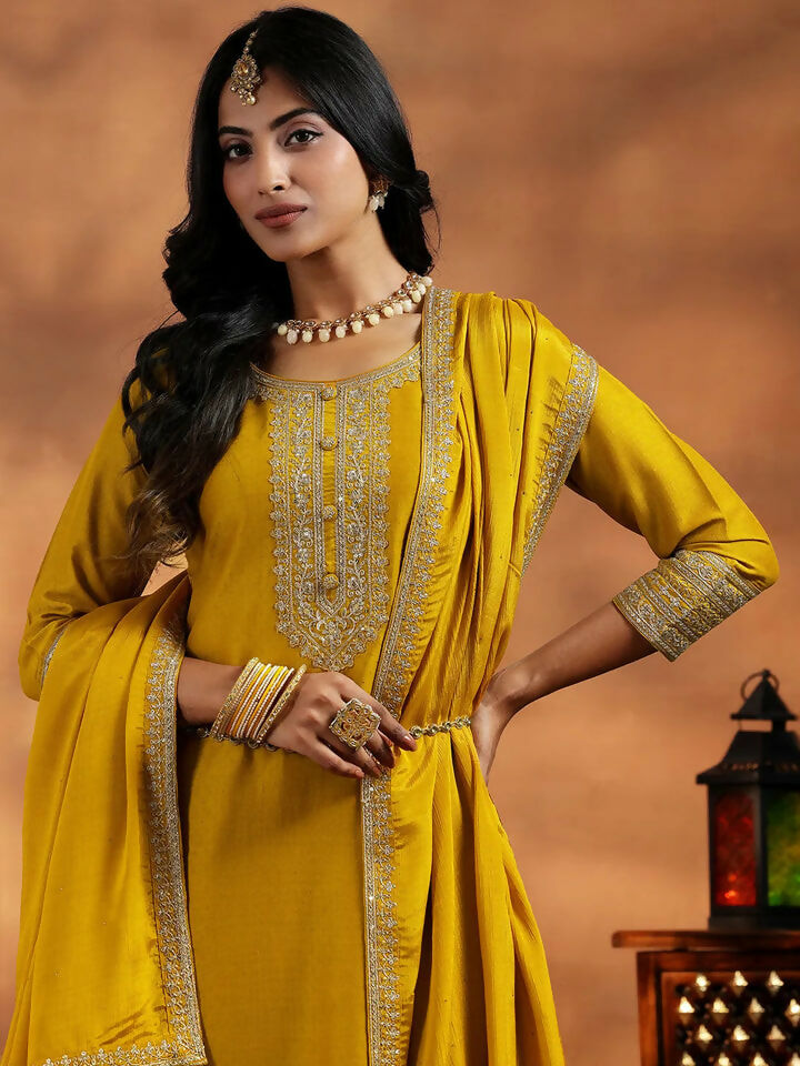 Women's LB Mustard Yoke Design Silk Blend A-Line Kurta With Trousers & Dupatta