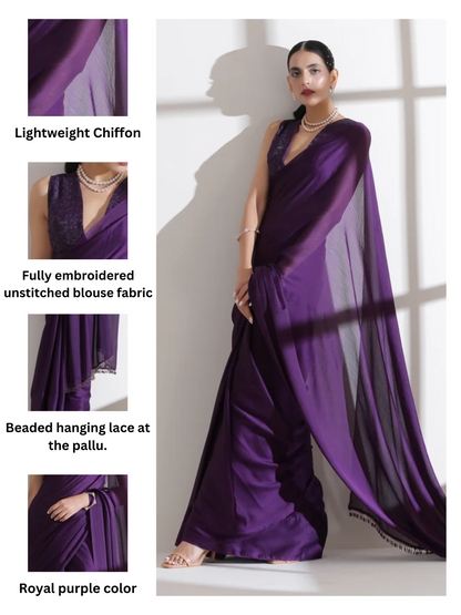 Dhiyona ST Royal Amethyst Purple Saree With Embroidered Blouse Fabric