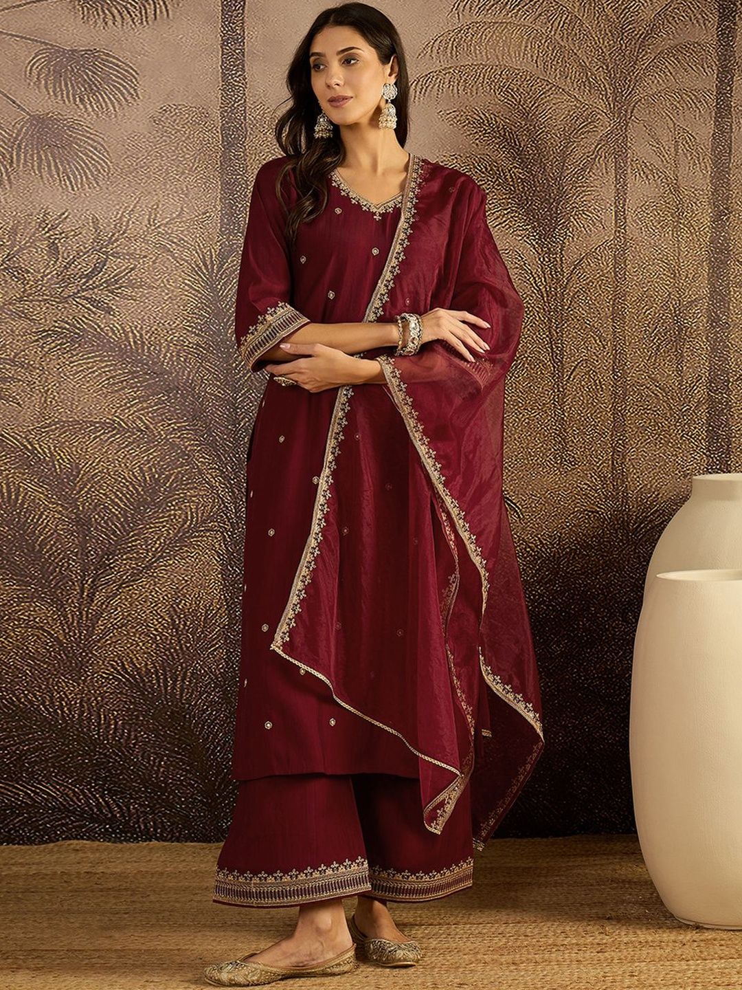 Dhiyona SN Embroidered Sequence Kurta & Palazzos with Dupatta Set