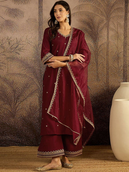 Dhiyona SN Embroidered Sequence Kurta & Palazzos with Dupatta Set