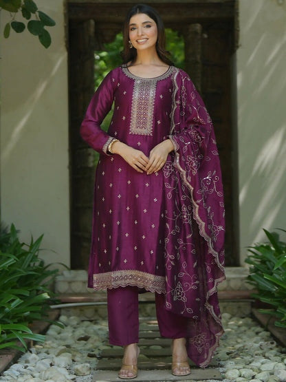 Women's LB Wine Embroidered Silk Blend Straight Suit With Dupatta