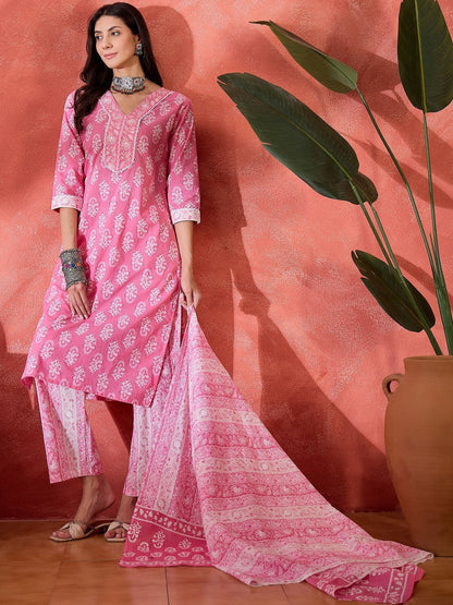 Printed Pure Cotton V-Neck Kurta Sets