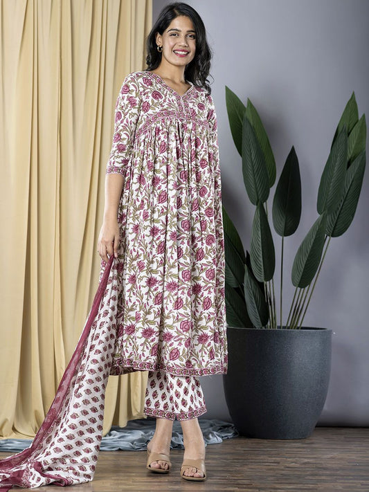 Dhiyona KL Floral Printed V-Neck Pure Cotton Anarkali Kurta With Trousers & Dupatta