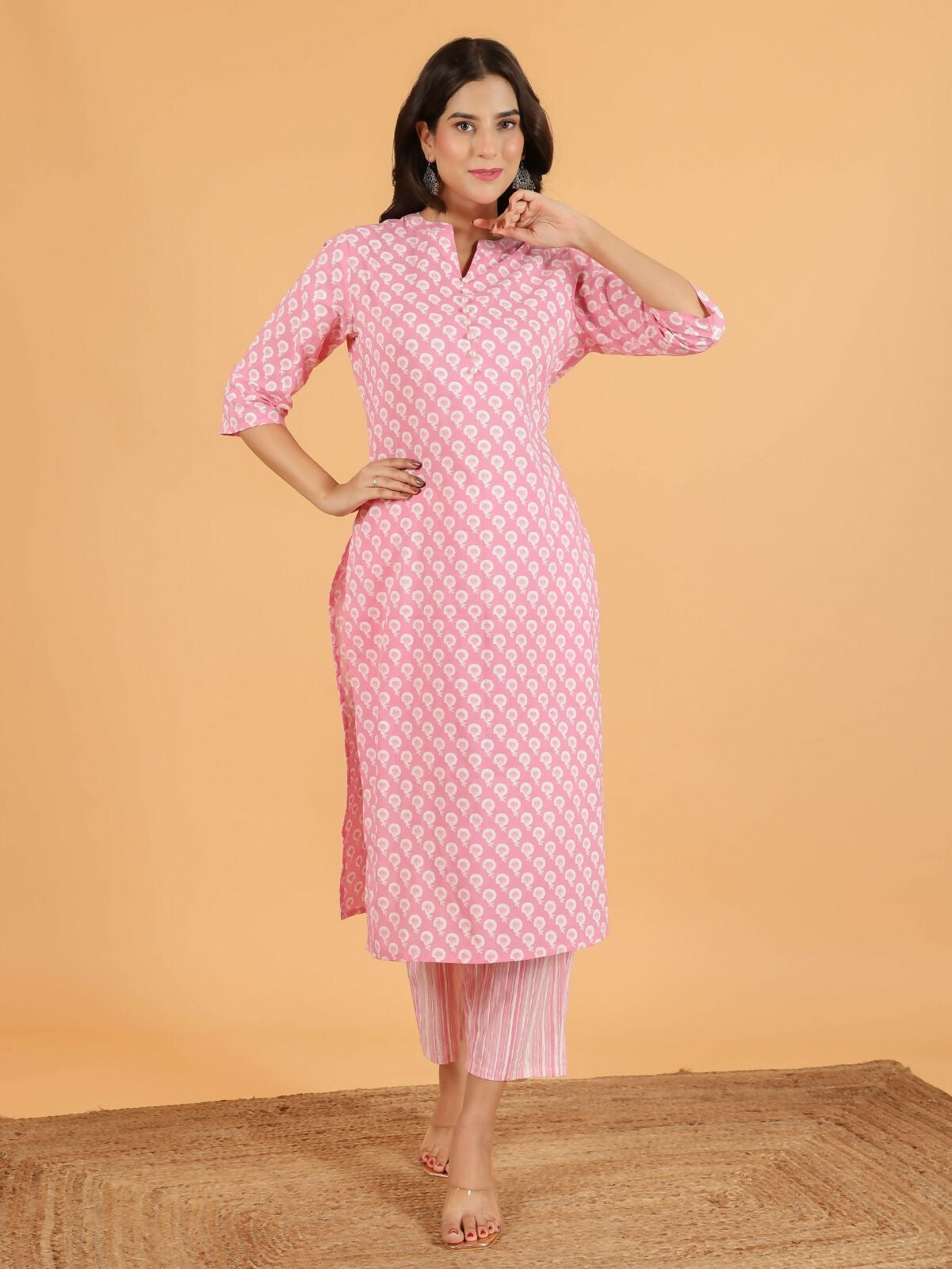 Women's Pink Soft Cotton Floral Print Straight Kurta Pant Set for Women