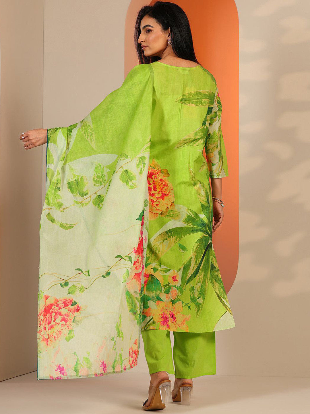 Floral Printed Thread Work Kurta With Trousers & Dupatta