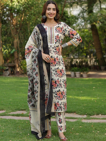 Dhiyona RR Women's Floral Printed Regular Pure Cotton Kurta with Trousers & With Dupatta